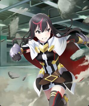 Rule 34 | 1girl, belt, black dress, black hair, black thighhighs, blush, brown belt, cape, clenched hands, clenched teeth, cosplay, debris, dot nose, dress, dust cloud, earrings, fate testarossa, fate testarossa (blaze iii), fate testarossa (cosplay), game cg, gauntlets, grey eyes, inago akira, indoors, jewelry, long hair, looking back, lyrical nanoha, magical girl, mahou shoujo lyrical nanoha detonation, motion blur, multicolored hair, official art, parking garage, red cape, red streaks, running, small sweatdrop, solo, streaked hair, stud earrings, teeth, thighhighs, third-party source, toji no miko, toji no miko: kizamishi issen no tomoshibi, two-sided cape, two-sided fabric, white cape, zettai ryouiki