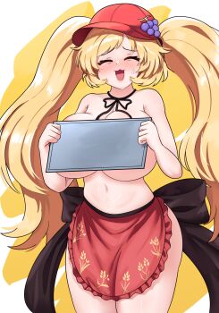 1girl aki_minoriko aki_minoriko_(symbol_of_overly_abundant_harvests) alternate_hair_length alternate_hairstyle apron blonde_hair blush breasts closed_eyes commentary commission covering_breasts covering_privates english_commentary facing_viewer food fruit grapes hat highres huge_breasts long_hair navel open_mouth petticoat red_apron red_hat rion_(user_ufvg8527) solo topless_female touhou touhou_lostword twintails