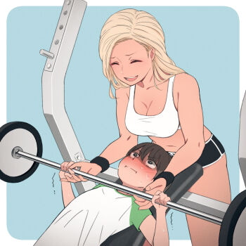 1boy 1girl :i ^^^ ^_^ age_difference barbell bare_arms bare_shoulders bench_press black_shorts blonde_hair blue_background blush breasts brother_and_sister brown_hair child cleavage closed_eyes collarbone commentary_request constricted_pupils dolphin_shorts dumbbell exercising hair_between_eyes highres kemuri_haku long_hair lying medium_breasts micro_shorts midriff navel nose_blush on_back onee-shota open_mouth original raglan_sleeves shirt short_hair short_sleeves shorts shota siblings smile sports_bra standing stomach sweat swept_bangs teeth thighs trembling two-tone_background weightlifting white_background white_shirt wristband