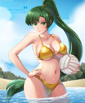Rule 34 | 1girl, alternate costume, armpits, ball, bare arms, bare shoulders, beach, bikini, blue sky, blush, breasts, cleavage, closed mouth, cloud, collarbone, commentary, day, fire emblem, fire emblem: the blazing blade, gold bikini, green eyes, green hair, hand on own hip, high ponytail, highres, holding, holding ball, large breasts, long hair, looking at viewer, lyn (fire emblem), navel, nintendo, ocean, outdoors, ponytail, rinku bny, sideboob, sky, smile, solo, stomach, swimsuit, thick thighs, thighs, underboob, very long hair, volleyball, volleyball (object), wading, water, wet