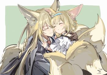 2girls absurdres akekaede824 animal_ear_fluff animal_ears arknights black_jacket blonde_hair blue_hairband border braid brown_gloves closed_eyes closed_mouth collared_shirt commentary fox_ears fox_girl fox_tail gloves green_background hairband highres hug jacket kitsune kyuubi long_hair material_growth mother_and_daughter multiple_girls multiple_tails necktie open_mouth oripathy_lesion_(arknights) outside_border red_necktie shirt short_hair simple_background suzuran_(arknights) tail twin_braids vulpisfoglia_(arknights) white_border white_shirt