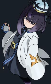 1girl belt black_dress black_hair blue_gloves blunt_bangs bob_cut closed_mouth coat commentary_request dress gloves gradient_hair gwynn_(pokemon) hat highres himurohiromu holding holding_poke_ball long_sleeves looking_at_viewer mega_stone multicolored_hair nest_ball nintendo o-ring o-ring_belt open_clothes open_coat pantyhose partially_fingerless_gloves poke_ball pokemon pokemon_legends:_z-a purple_eyes purple_hair short_hair simple_background solo white_coat