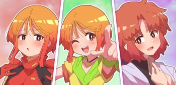 3girls absurdres column_lineup commentary_request elpeo_puru gloves green_background gundam gundam_zz hand_on_own_chest highres jewelry light_blush long_hair looking_at_viewer marida_cruz mecha_pilot_suit military_uniform multiple_girls neo_zeon normal_suit_(gundam) one_eye_closed onimaru_(onimal7802) orange_hair pendant pointing pointing_at_viewer purple_background puru_two red_background red_gloves red_hair science_fiction short_hair smile standing upper_body