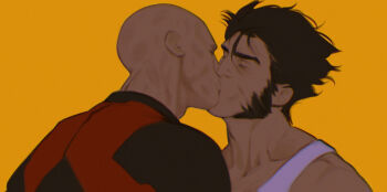 2boys back bald bodysuit brown_hair closed_eyes couple deadpool deadpool_&amp;_wolverine deadpool_(series) facial_hair hashtag-only_commentary james_howlett kiss limach-an male_focus marvel marvel multiple_boys muscular muscular_male red_bodysuit scar scars_all_over short_hair simple_background tank_top too_many white_tank_top wolverine_(x-men) x-men yaoi yellow_background