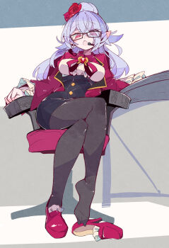 absurdres blue_hair chair crossed_legs feet flower flower_on_head foot_focus freckles glasses highres looking_at_viewer looking_down low_angle microphone office_chair pantyhose red_eyes unworn_shoe swivel_chair tight_skirt