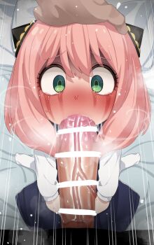 1boy 1girl absurdres anya_(spy_x_family) bar_censor blush censored crying fellatio green_eyes hairpods hetero highres large_penis large_variant_set loli looking_at_viewer mizumizuni oral penis pink_hair pov saliva solo_focus spy_x_family tearing_up variant_set veins veiny_penis