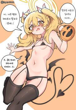 1girl artist_name bikini black_bikini black_thighhighs black_wings blonde_hair blue_archive blush cameltoe commentary_request demon_tail demon_wings from_below full_body garter_belt hair_between_eyes hair_ribbon halloween halo highres holding holding_pumpkin korean_text layer_(layer_illust) looking_at_viewer looking_down low_wings micro_bikini pumpkin ribbon solo speech_bubble string_bikini swimsuit tail thighhighs translation_request two_side_up white_ribbon wings yellow_halo yoshimi_(blue_archive)