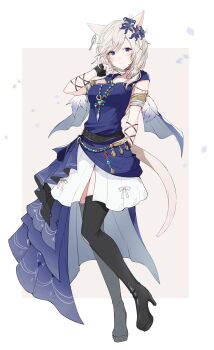 Rule 34 | 1girl, absurdres, ancient greek clothes, animal ears, black gloves, blue eyes, boots, breasts, cat ears, cat girl, cat tail, chiton, commission, earrings, facial mark, final fantasy, final fantasy xiv, fingerless gloves, flower, gloves, greco-roman clothes, grey hair, hair flower, hair ornament, highres, jewelry, looking at viewer, medium breasts, miqo'te, mokokoiro, necklace, single earring, skeb commission, skirt, solo, tail, thigh boots, warrior of light (ff14), whisker markings, white skirt
