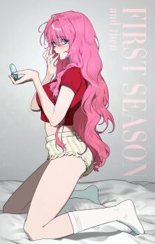 1girl applying_makeup applying_own_makeup blue_eyes blush breasts character_request commentary_request compact_(cosmetics) cosmetics crop_top dead_mansion english_text from_side hair_between_eyes highres hoin holding holding_compact kneehighs kneeling korean_commentary large_breasts lipgloss long_hair looking_at_viewer pink_hair red_shirt shirt short_shorts short_sleeves shorts socks solo very_long_hair white_socks yellow_shorts