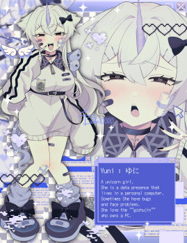 1girl absurdres bandaid bandaid_on_face bandaid_on_footwear bandaid_on_leg belt black_belt black_choker black_eyes black_nails black_shoes breasts character_name character_profile checkered_background choker commentary cross cross_choker crossed_bangs cursor empty_eyes english_commentary english_text facing_viewer fake_transparency fangs full_body glitch hair_intakes hair_ornament hairclip half-closed_eyes heart heart-shaped_pupils highres lace-trimmed_collar lace_trim large_breasts long_hair long_sidelocks loose_socks multiple_bandages multiple_views o-ring open_mouth original raised_eyebrows reference_sheet ribbon-trimmed_footwear senn10000 sharp_teeth shoes sidelocks sleeves_past_wrists sneakers socks sparkle symbol-shaped_pupils teeth tenshi_kaiwai tsurime unicorn_girl unicorn_horn upper_teeth_only v very_long_hair very_long_sidelocks white_hair window_(computing) wings yuni_(senn10000) zipper zipper_pull_tab zoom_layer