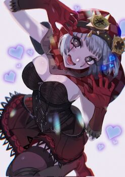 1girl :d black_corset black_thighhighs blush breasts bright_pupils brown_eyes claw_pose cleavage corset cowboy_shot cross-shaped_pupils gloves goggles goggles_on_headwear gradient_gloves head_tilt heart highres hood hood_up identity_v large_breasts leg_up looking_at_viewer official_alternate_costume open_mouth red_gloves red_hood red_lips red_skirt short_hair skirt smile solo symbol-shaped_pupils thighhighs toyanhoho tracy_reznik tracy_reznik_(red_riding_hood) white_hair white_pupils