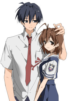 Rule 34 | 1boy, 1girl, absurdres, antenna hair, black hair, blue skirt, brown eyes, brown hair, clannad, closed mouth, collared shirt, furukawa nagisa, hand on another's head, highres, hikarizaka private high school uniform, ike 0910, necktie, okazaki tomoya, red necktie, sailor collar, school uniform, serafuku, shirt, short hair, short sleeves, simple background, skirt, white background, white sailor collar, white shirt