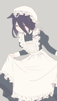 1girl absurdres animal_ears apron black_dress closed_eyes closed_mouth dot_mouth dress ears_down frilled_apron frilled_hat frills grey_background hair_between_eyes hat highres horse_ears horse_girl light_smile long_hair long_hair_between_eyes long_sleeves manhattan_cafe_(umamusume) mob_cap okk1772 puffy_sleeves simple_background skirt_hold solo umamusume very_long_hair white_apron white_hat