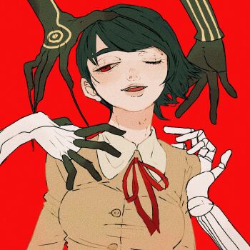 Rule 34 | 1girl, agrat bat mahlat (megami tensei), bad id, bad twitter id, black hair, brown shirt, buttons, eisheth zenunim (megami tensei), hamo nt, hand on another's shoulder, highres, hiromine yoko, lilith (megami tensei), naamah (megami tensei), one eye closed, open mouth, out of frame, red background, red eyes, red ribbon, ribbon, school uniform, shin megami tensei, shin megami tensei v, shin megami tensei v: vengeance, shirt, short hair, third-party source, tight clothes, tight shirt, upper body