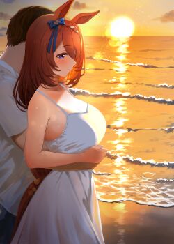 1boy 1girl absurdres animal_ears beach blue_eyes blush braid braided_bangs breasts brown_tail cleavage commentary_request dress evening gradient_sky highres horse_ears horse_girl horse_tail hug hug_from_behind large_breasts long_hair narumi_yuzurai ocean open_mouth orange_sky outdoors sky sleeveless sleeveless_dress smile sun sundress sunset super_creek_(umamusume) tail umamusume white_dress