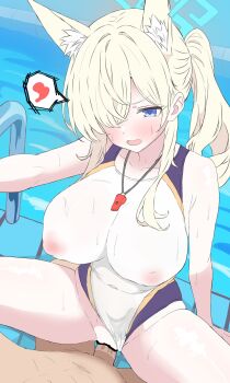 1boy 1girl animal_ear_fluff animal_ears arm_support bar_censor blonde_hair blue_archive blue_eyes blue_halo blush breasts censored clothed_sex clothing_aside commentary competition_swimsuit covered_erect_nipples covered_navel cowgirl_position dog_ears dog_girl extra_ears feet_out_of_frame from_above furrowed_brow girl_on_top hair_intakes hair_over_one_eye halo heart hetero highres kanna_(blue_archive) kanna_(swimsuit)_(blue_archive) large_breasts long_hair notched_ear official_alternate_costume one-piece_swimsuit open_mouth penis ponytail pool poolside pussy sex sidelocks solo_focus spoken_heart spread_legs straddling swimsuit swimsuit_aside vaginal watti3600 wet whistle whistle_around_neck white_one-piece_swimsuit