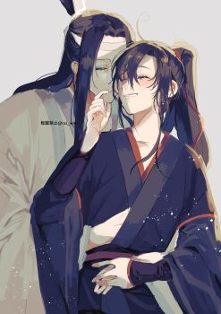 Rule 34 | 2boys, ahoge, amana raika, black hair, black hanfu, blush, chinese clothes, closed eyes, commentary request, couple, eyelashes, grey background, hair ribbon, hand on another's chin, hand under clothes, hanfu, headband, highres, hug, hug from behind, lan wangji, light particles, long hair, long sleeves, male focus, modao zushi, multiple boys, parted lips, ponytail, red ribbon, red sash, ribbon, robe, sash, sidelocks, simple background, smile, topknot, twitter username, upper body, wei wuxian, white hanfu, white headband, wide sleeves, xiao guan (headdress), yaoi