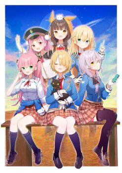 6+girls :d ^_^ absurdres aikawa_megumi animal animal_hood animal_hug animal_on_head aqua_eyes aqua_jacket asakura_karen_(heaven_burns_red) black_cat black_hair black_ribbon black_socks black_thighhighs blazer blonde_hair blue_eyes blue_jacket blue_sky blue_socks blunt_bangs blush border bow braid breasts brown_eyes brown_hair brown_skirt cat cat_hood cat_on_head cellphone closed_eyes closed_mouth clothes_around_waist cloud collared_shirt eyelashes fang full_body glasses green_eyes grey_hair hair_between_eyes hair_ornament hair_over_one_eye hair_over_shoulder hair_ribbon hairclip half_updo hand_up happy hat heaven_burns_red highres holding holding_animal holding_cat holding_phone hood hood_up hooded_jacket hoodie index_finger_raised izumi_yuki_(heaven_burns_red) jacket jacket_around_waist kayamori_ruka kneehighs knees_together_feet_apart kunimi_tama loafers long_hair long_sleeves looking_at_phone looking_at_viewer low_twintails medium_breasts medium_hair military_hat miniskirt multiple_girls neck_ribbon necktie on_head one_eye_covered open_mouth orange_eyes orange_skirt outdoors peaked_cap phone pink_eyes pink_hair plaid_clothes plaid_skirt pleated_skirt pointing pointing_up pom_pom_(clothes) pom_pom_hair_ornament red_bow red_eyes red_necktie red_ribbon ribbon rinki_oohen school_uniform shirt shoes short_hair side_braid sitting skirt sky sleeves_rolled_up small_breasts smartphone smile socks standing straight_hair thighhighs toujou_tsukasa twintails two_side_up v-shaped_eyebrows very_long_hair waving white_border white_cat white_shirt x_hair_ornament yellow_eyes yellow_jacket zettai_ryouiki