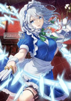 1girl alto2019 apron between_fingers blue_dress blue_eyes bow braid brown_eyes commentary_request commission cup dress green_bow grey_hair hair_bow highres holding holding_knife holding_tray izayoi_sakuya knife knives_between_fingers long_hair looking_at_viewer maid maid_headdress open_mouth puffy_short_sleeves puffy_sleeves short_sleeves signature smile solo tea teacup teapot thigh_strap touhou tray twin_braids waist_apron watermark watermark_grid white_apron wrist_cuffs