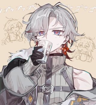 Rule 34 | 2boys, aiiro, bishounen, black gloves, commentary request, cup, drinking, earrings, flins (genshin impact), fur-trimmed jacket, fur trim, genshin impact, gloves, grey hair, highres, holding, holding cup, illuga (genshin impact), jacket, jewelry, male focus, mole, mole under eye, multicolored hair, multiple boys, red hair, red pupils, scar, scar on neck, single earring, sleeveless, sleeveless turtleneck, solo, sweater, turtleneck, turtleneck sweater