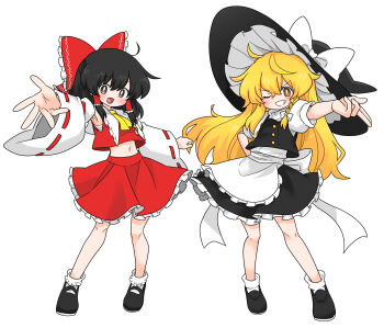 2girls apron ascot back_bow black_hat black_shoes black_skirt black_vest blonde_hair bow braid brown_eyes commentary_request detached_sleeves frilled_bow frilled_hair_tubes frilled_skirt frills full_body grin hair_bow hair_tubes hakurei_reimu hat hat_bow highres kirisame_marisa kumanou22 long_hair looking_at_viewer mary_janes midriff multiple_girls navel one_eye_closed open_mouth puffy_short_sleeves puffy_sleeves red_bow red_skirt ribbon-trimmed_sleeves ribbon_trim shoes short_sleeves side_braid simple_background single_braid skirt skirt_set smile socks touhou very_long_hair vest waist_apron white_apron white_background white_bow white_socks witch_hat yellow_ascot
