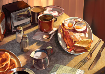 bacon bread bread_slice coffee coffee_mug cup egg food fork highres knife milk mug no_humans original pancake pepper_shaker rurikon salt_shaker still_life table tissue_box toast