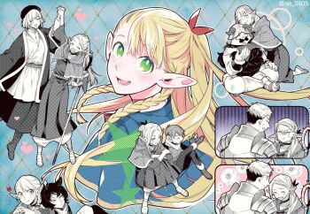 3boys 3girls :d ^_^ alternate_hairstyle ambrosia_(dungeon_meshi) anger_vein animal_ears argyle_background armor baggy_pants beard belt belt_buckle beret black_fur blonde_hair blue_capelet boots bracer braid buckle capelet cat_ears cat_girl chilchuck_tims choker closed_eyes commentary dancing droopy_ears dungeon_meshi dwarf elf facial_hair fake_horns falin_touden fingerless_gloves frown gloves gorget green_eyes halfling hat heart helmet highres holding holding_staff hood hooded_capelet horned_helmet horns hug indian_style izutsumi jacket laios_touden laughing leaning_on_person long_beard long_hair looking_at_viewer marcille_donato medium_hair multiple_boys multiple_girls neck_warmer open_mouth pants pauldrons plate_armor pointy_ears ponytail pout puffy_cheeks ran_(ran_0605) red_choker robe sandals senshi_(dungeon_meshi) short_hair shoulder_armor sitting slit_pupils smile staff sweat twin_braids twitter_username very_long_beard