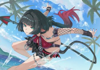 1girl animal_ears bare_shoulders bent_over black_hair black_one-piece_swimsuit black_sarong blue_eyes blue_sky breast_curtains breasts closed_mouth cloud commentary_request earrings fingernails fishnet_sleeves fishnets gradient_hair highres jane_doe_(nocturne_of_light)_(zenless_zone_zero) jane_doe_(zenless_zone_zero) jewelry leather_leotard leg_up long_hair looking_at_viewer medium_breasts moda_sansy0 mouse_ears mouse_girl mouse_tail multicolored_hair notched_ear o-ring o-ring_swimsuit ocean official_alternate_costume one-piece_swimsuit outdoors outstretched_arms palm_tree red_hair red_nails red_one-piece_swimsuit sarong sharp_tail sky smile solo splashing swimsuit tail thigh_strap tree two-tone_one-piece_swimsuit water zenless_zone_zero