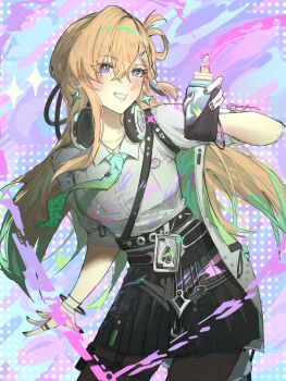 1girl absurdres aqua_necktie black_nails black_pantyhose black_skirt blonde_hair blue_eyes breasts commentary earrings grin hair_between_eyes headphones headphones_around_neck highres holding holding_spray_can id_card jewelry kanghrrs long_hair looking_at_viewer lynae_(wuthering_waves) medium_breasts nail_polish necktie pantyhose shirt shirt_tucked_in skirt smile solo spray_can star_(symbol) star_earrings twitter_username white_shirt wuthering_waves