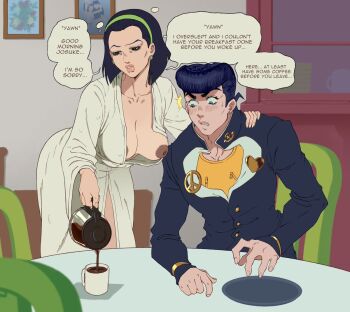1boy 1girl bathrobe black_hair blue_eyes blue_hair breasts coffee_mug coffee_pot cup dark_nipples diamond_wa_kudakenai gakuran hair_slicked_back half-closed_eyes higashikata_josuke higashikata_tomoko indoors jojo_no_kimyou_na_bouken large_breasts lips looking_at_another looking_at_breasts mug nipple_slip nipples peppr_n&#039;_salt pompadour school_uniform sitting sleepy speech_bubble surprised
