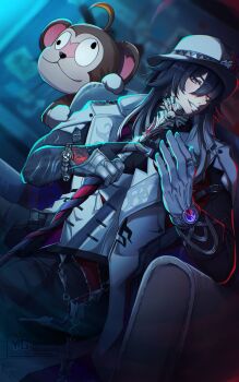 Rule 34 | 1boy, absurdres, ashveil (honkai: star rail), black hair, black pants, black shirt, cane, commentary, crescent, crescent pin, fedora, gloves, gradient hair, hat, hat ornament, highres, holding, holding cane, honkai: star rail, honkai (series), jacket, jewelry, lapel pin, long hair, male focus, monkey, multicolored hair, necklace, pants, purple eyes, shirt, single glove, sitting, solo, tooth necklace, turtleneck, untranslatable commentary, white gloves, white hair, white hat, white jacket, yugenseikai