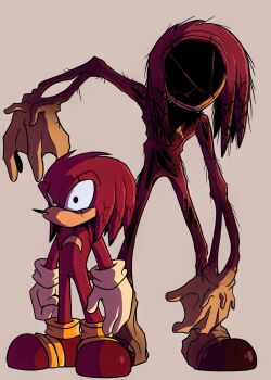 1boy bone callmejayman gloves guro highres knuckles.exe knuckles_the_echidna looking_at_another size_difference sonic.exe sonic_(series) transformation wechidna_(sonic.exe) white_gloves