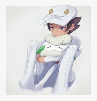 1boy aether_foundation_employee blush border brown_hair bubble closed_mouth cottonee gen_5_pokemon gloves grey_eyes hat holding holding_pokemon komurapk male_focus nintendo pokemon pokemon_(creature) pokemon_sm short_hair short_sleeves spread_legs white_border white_gloves white_headwear
