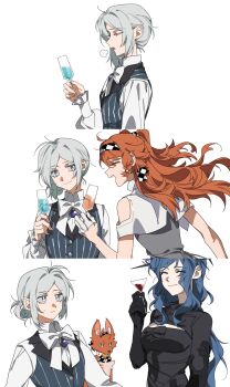 3girls ^_^ absurdres alcohol animalization arcana_(reverse:1999) argyle_bow argyle_clothes argyle_hairband bare_arms bare_shoulders black_bow black_dress black_gloves black_hairband blue_hair blue_vest bow bowtie breasts brooch capelet champagne champagne_flute chinese_commentary cleavage cleavage_cutout closed_eyes closed_mouth clothing_cutout cocktail cocktail_glass collared_capelet collared_shirt collared_vest commentary_request cup dress drink drinking_glass elbow_gloves floating_hair fox frilled_sleeves frills from_side frown gloves green_eyes grey_dress grey_hair hair_bow hair_bun hairband half_gloves happy high_collar highres holding holding_drink jewelry lapels large_breasts long_hair long_sleeves looking_at_another messy_hair molu_stranger multiple_girls no_headwear notched_lapels open_mouth pinstripe_pattern pinstripe_vest red_hair reverse:1999 sequential shirt short_hair short_sleeves shoulder_cutout sidelocks sigh simple_background single_side_bun sleeves_past_wrists sonetto_(reverse:1999) sweatdrop thorns two-tone_bow two-tone_hairband two_side_up upper_body vertin_(reverse:1999) very_long_hair vest white_background white_bow white_bowtie white_capelet white_gloves white_hairband white_shirt