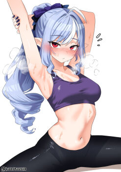 1girl ahoge alternate_costume alternate_hairstyle armpits arms_up blush breasts breath cleavage closed_mouth collarbone commentary fingernails highres kukiyuusha leggings long_hair looking_at_viewer medium_breasts mole mole_under_eye multicolored_hair nail_polish navel nose_blush notice_lines paid_reward_available pants pointy_ears ponytail purple_hair purple_nails purple_sports_bra red_eyes sidelocks simple_background sitting solo sports_bra steaming_body stomach streaked_hair stretching sweat twitter_username vivian_banshee white_background yoga_pants zenless_zone_zero