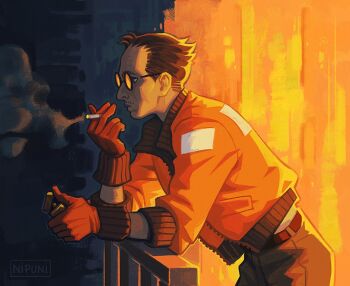 1boy artist_name belt black_hair bomber_jacket brown_belt cigarette closed_mouth commentary cowboy_shot disco_elysium english_commentary facial_hair from_side glasses gloves grey_pants holding holding_cigarette holding_lighter jacket kim_kitsuragi leaning lighter male_focus mustache nipuni on_railing orange_gloves orange_jacket pants railing round_eyewear shirt short_hair smoke smoke_trail smoking solo tinted_eyewear unzipped white_shirt yellow-tinted_eyewear