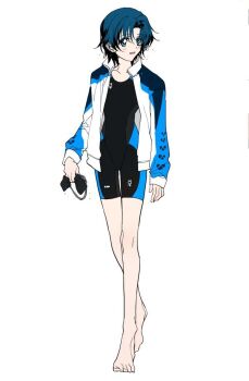 Rule 34 | 1girl, bad id, bad twitter id, barefoot, bishoujo senshi sailor moon, black wetsuit, blue hair, bodysuit, collarbone, diving suit, feet, full body, goggles, hattori masahiko, jacket, looking to the side, mizuno ami, open clothes, open jacket, short hair, solo, toes, unworn goggles, wetsuit