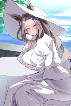 Rule 34 | 1girl, absurdres, animal ears, blush, breasts, brown hair, commentary request, dress, forehead, from side, gloves, hair intakes, hat, highres, horse ears, horse girl, huge breasts, long hair, parted lips, purple eyes, saint lite (umamusume), sitting, smile, smoke klll, solo, sun hat, umamusume, white dress, white gloves, white hat