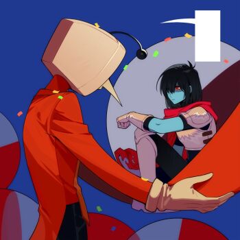 1boy 1other ant_tenna antennae armor black_hair black_pants blue_background blue_skin cape colored_skin confetti crt deltarune gashapon gloves hair_over_one_eye holding kris_(dark_world)_(deltarune) kris_(deltarune) long_nose object_head pants partially_shaded_face pointy_nose red_cape red_eyes shiwu15 short_hair tailcoat torn_cape torn_clothes utdr_(toby_fox) white_gloves