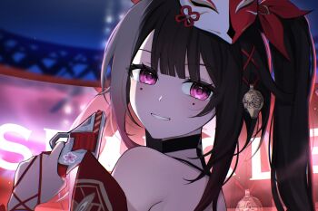 1girl bare_shoulders bell black_hair choker detached_sleeves floral_print fox_mask gun hair_ornament hashtag-only_commentary highres honkai:_star_rail honkai_(series) kom376986 mask pink_eyes sidelocks smile sparkle_(honkai:_star_rail) thread twintails weapon x_hair_ornament