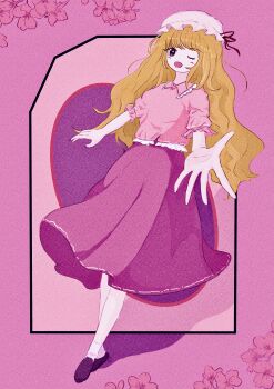 Rule 34 | 1girl, :d, absurdres, black shoes, blonde hair, blush, flower, flower request, frilled shirt collar, frills, fushianatan, hat, hat ribbon, highres, long hair, looking at viewer, maribel hearn, mob cap, one eye closed, open mouth, pink background, pink shirt, purple eyes, purple nails, purple skirt, reaching, reaching towards viewer, red ribbon, ribbon, shirt, shoes, skirt, smile, socks, taboo japan disentanglement, touhou, walking, wavy hair, white hat, white socks