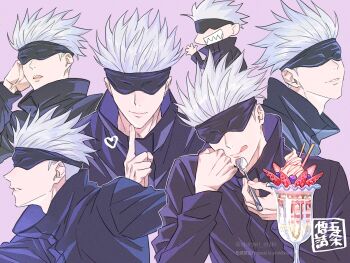 Rule 34 | 1boy, :q, artist name, black jacket, blindfold, chibi, closed mouth, commentary request, cup, facing viewer, food, fruit, gojou satoru, grin, hand up, head rest, high collar, highres, holding, holding spoon, jacket, jujutsu kaisen, long sleeves, male focus, multiple expressions, open mouth, parfait, pink background, profile, revision, shiraki (shiraki shiki), short hair, simple background, smile, spoon, strawberry, tongue, tongue out, white hair