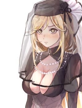1girl black_dress blonde_hair breasts cleavage cleavage_cutout closed_mouth clothing_cutout commentary_request dress funeral_dress funeral_veil highres jewelry large_breasts long_hair necklace official_alternate_costume official_alternate_hairstyle pearl_necklace puffy_sleeves shokuhou_misaki solo spider_web_pattern star-shaped_pupils star_(symbol) symbol-shaped_pupils toaru_majutsu_no_index toaru_majutsu_no_index:_genesis_testament upper_body veil white_background wwww0t yellow_eyes