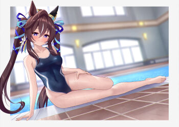 1girl alternate_costume animal_ears bare_legs bare_shoulders barefoot blue_one-piece_swimsuit breasts brown_hair competition_swimsuit ear_covers feet full_body hair_between_eyes hat highleg highres horse_ears horse_girl horse_tail indoors legs long_hair looking_at_viewer medium_breasts meyrink mole mole_under_eye multicolored_hair one-piece_swimsuit pool poolside purple_eyes single_ear_cover sitting solo streaked_hair swimsuit tail twintails umamusume very_long_hair vivlos_(umamusume) white_hair white_hat yokozuwari