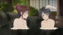 2girls animated anime_screenshot back black_hair blue_eyes blush breasts brown_eyes brown_hair closed_eyes collarbone completely_nude covering_crotch covering_privates grabbing_another&#039;s_thighs hair_bun hair_ornament hair_scrunchie highres kanojo_okarishimasu large_breasts mizuhara_chizuru multiple_girls navel nude onsen partially_submerged red_scrunchie same-sex_bathing sarashina_ruka scrunchie shared_bathing short_hair shoulder_blades smile sound stomach tagme towel towel_on_head video water