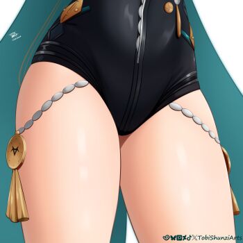 1girl absurdres black_unitard close-up highres leg_focus lower_body lucia_elowen simple_background solo thick_thighs thigh_focus thighs tobishunzi white_background zenless_zone_zero