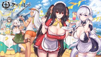 6+girls ahoge alternate_costume apron ass azur_lane baltimore_(azur_lane) bare_shoulders belfast_(azur_lane) bikini bikini_under_clothes black_hair blue_eyes blush body_markings braid braided_bun breasts brown_hair choker cleavage collarbone crossed_bangs dark-skinned_female dark_skin double_bun dropping enmaided facial_mark food forehead_mark formidable_(azur_lane) formidable_(the_lady_of_the_beach)_(azur_lane) game_cg hair_between_eyes hair_bun hair_ornament highres holding holding_tray hooters huge_breasts ice_cream jewelry large_breasts leaning_forward long_hair looking_at_viewer looking_back maid maid_headdress maid_one-piece_swimsuit manjuu_(azur_lane) massachusetts_(azur_lane) mixed_maids multiple_girls native_american navel nidy official_alternate_costume official_art open_mouth parted_lips prinz_eugen_(azur_lane) prinz_eugen_(unfading_smile)_(azur_lane) red_eyes scarf short_hair short_shorts shorts sidelocks sirius_(azur_lane) skindentation smile sundae swimsuit swimsuit_under_clothes taihou_(azur_lane) thighhighs thighs tray tropical_drink unconventional_maid very_long_hair waitress white_hair white_legwear wrist_cuffs yellow_eyes yuudachi_(azur_lane) z46_(azur_lane) z46_(her_first_summer)_(azur_lane) zara_(azur_lane) zara_(poolside_coincidence)_(azur_lane)