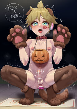1boy anal anal_beads anal_object_insertion anal_tail animal_ears anus bar_censor blonde_hair blue_eyes blush brown_thighhighs butt_plug c_take0141 censored collar dog_ears dog_tail erection exhibitionism fake_animal_ears fake_tail foreskin halloween heart highres jack-o&#039;-lantern kagamine_len male_focus navel nipples nude object_insertion open_mouth penis phimosis precum public_indecency sex_toy shota solo spread_legs squatting tail tears testicles thighhighs tongue tongue_out trembling trick_or_treat vocaloid