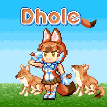 Rule 34 | animal, animal costume, animal ear fluff, animal ears, brown hair, daisantw, dhole (kemono friends), gloves, grass, kemono friends, kemono friends 3, neck ribbon, pixel art, ribbon, shoes, simple background, skirt, sky, smile, solo, tail