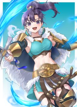 1girl absurdres armor armpits aura belt black_hair blush breasts crop_top fir_(dual_warrior)_(fire_emblem) fir_(fire_emblem) fire_emblem fire_emblem:_the_binding_blade fire_emblem_heroes fur_trim gladiator gladiator_sandals highres holding holding_sword holding_weapon long_hair looking_at_viewer medium_breasts midriff navel nintendo official_alternate_costume open_mouth ponytail popped_collar purple_hair sandals skindentation skirt smile solo sword thighs tsukimura_(d24f4z8j3t) weapon